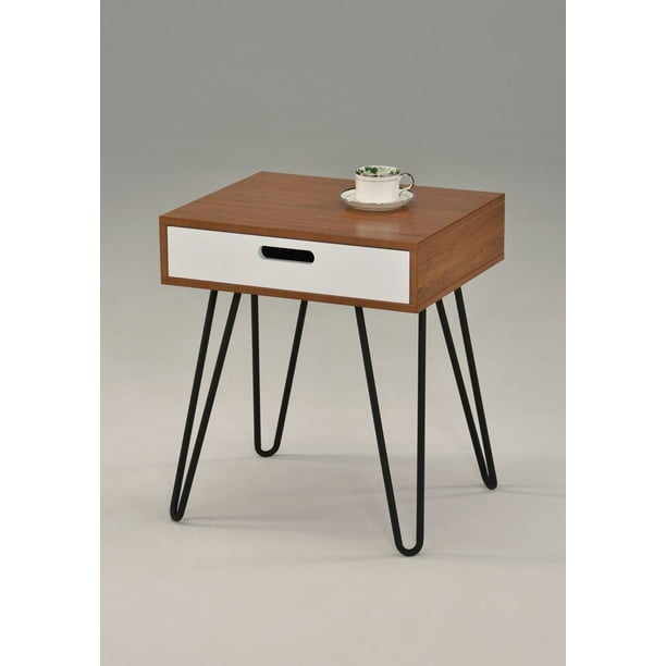 Mid-Century Style White Side End Table Nighstand Black Metal Legs with One Drawer 24H